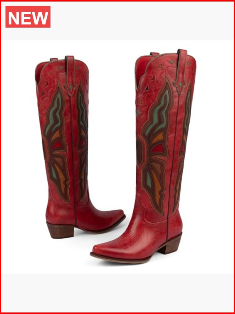 Knee High Chunky Heel Cowgirl Boots Faux Leather Pointed Toe Pull-On Western - Picture 6 of 7